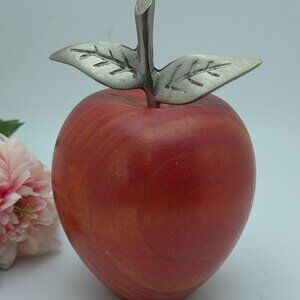 Large Folk Art Wooden Rustic Apple Hand Painted with Metal Stem Decor